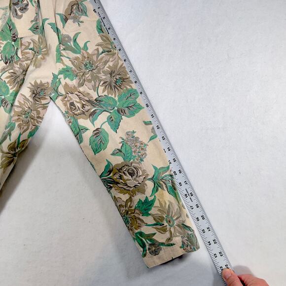 Cathy Daniels Jacket Smock Woman's Medium Linen Blend Green & Tan Floral Pockets - Picture 8 of 9